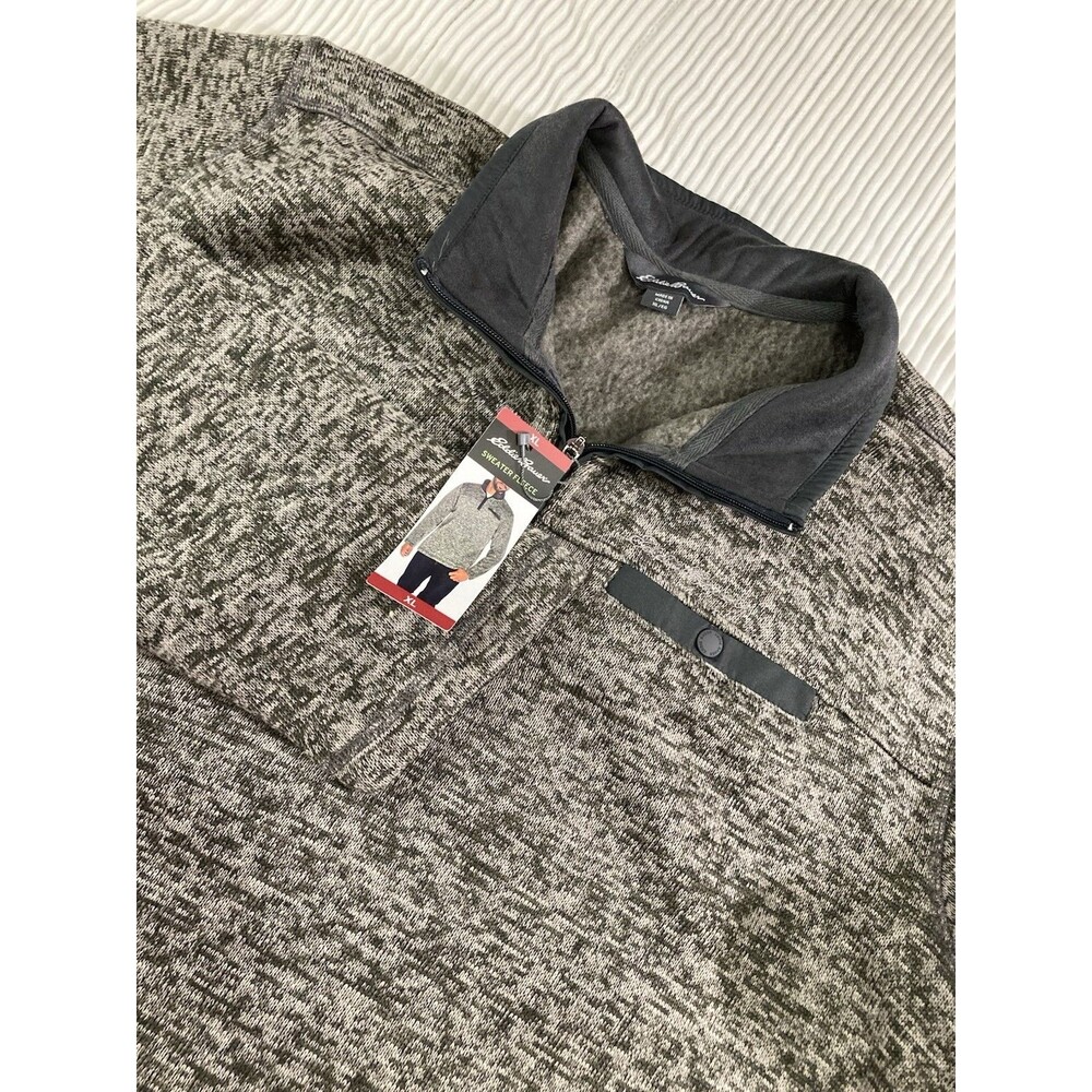Eddie Bauer Fleece Sweater Men XL Gray 1/4 Zip Moc Neck Pullover Warm
